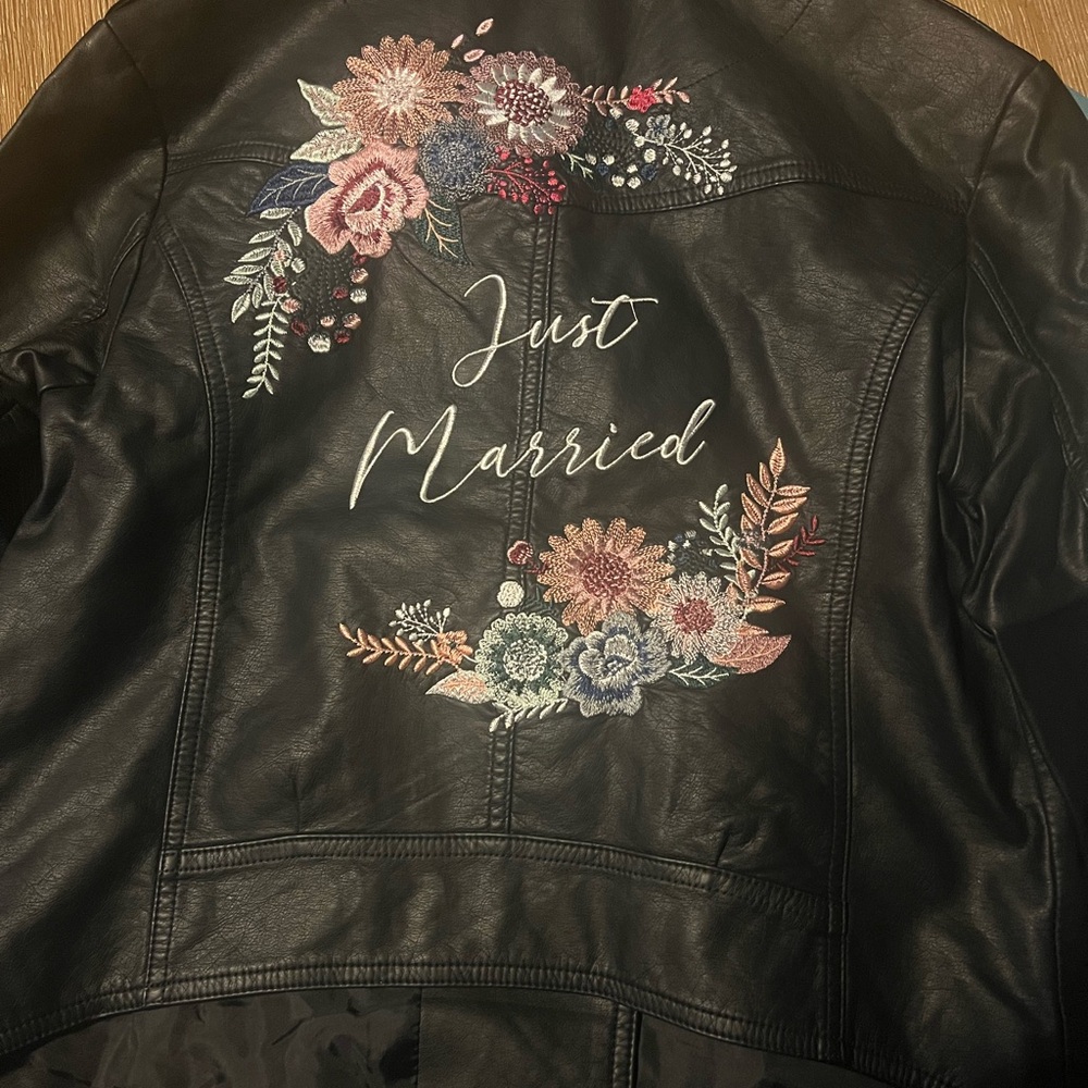 Black and Pink Floral Leather Jacket with Wedding Design